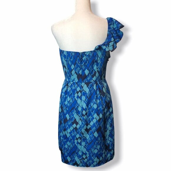 GIANNI BINI - Size 4 Blue Carmella Diamond Print One Shoulder Ruffle Dress - Picture 6 of 12